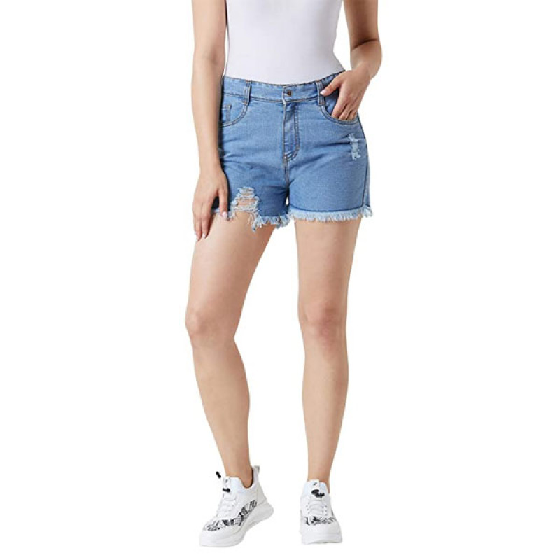 Women's Blue Relaxed Fit Distressed Mid Rise Ripped Fringed Shorts